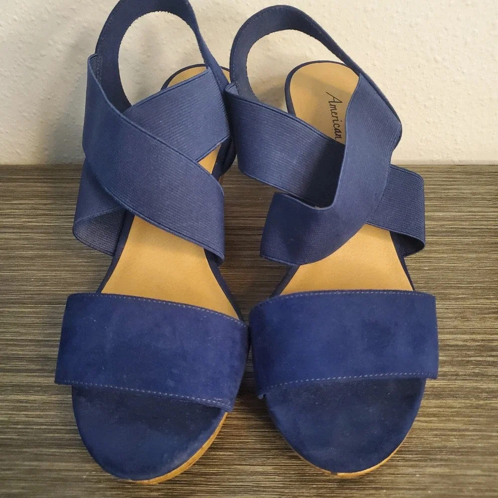 American Eagle Women's Ryan Wedge Sandals Navy Blue Cork Heel Straps‎ Size 9.5